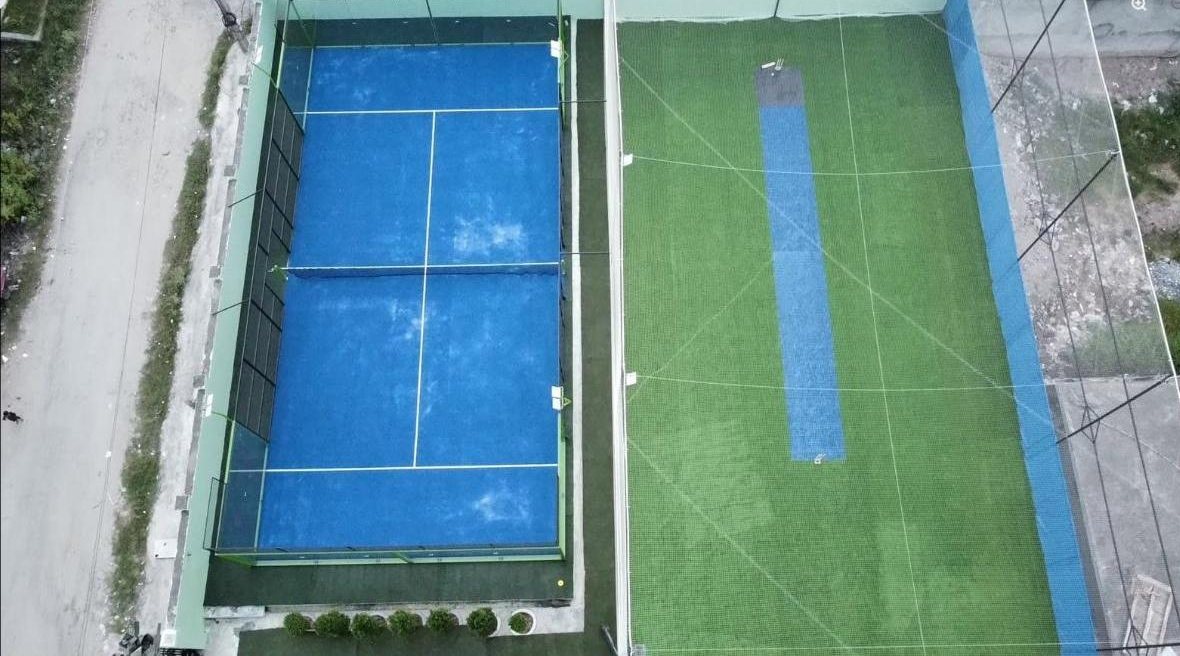 Zone 36's netted cricket arena with a blue turf pitch, seen from above